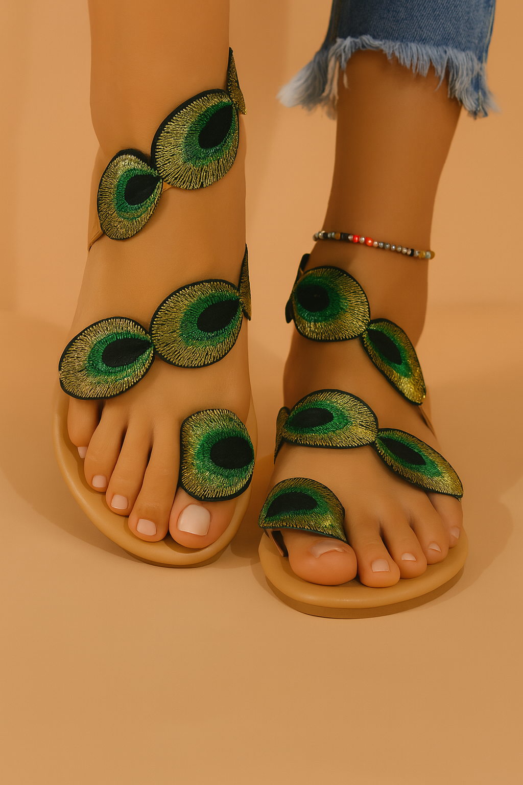 Malwina | Sandaler med fargerikt fjærmotiv 0